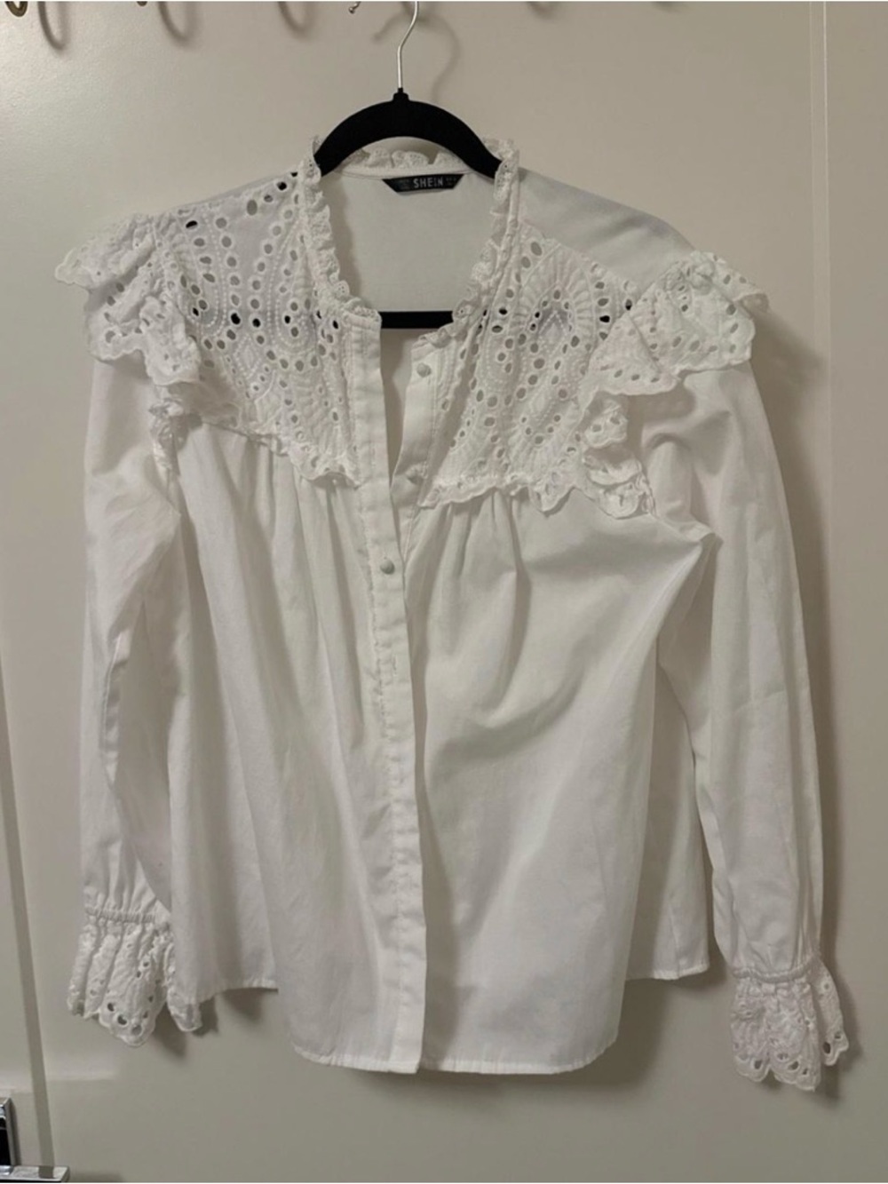 White Eyelet Lace Bib Button-Up Blouse - Picture 2 of 2
